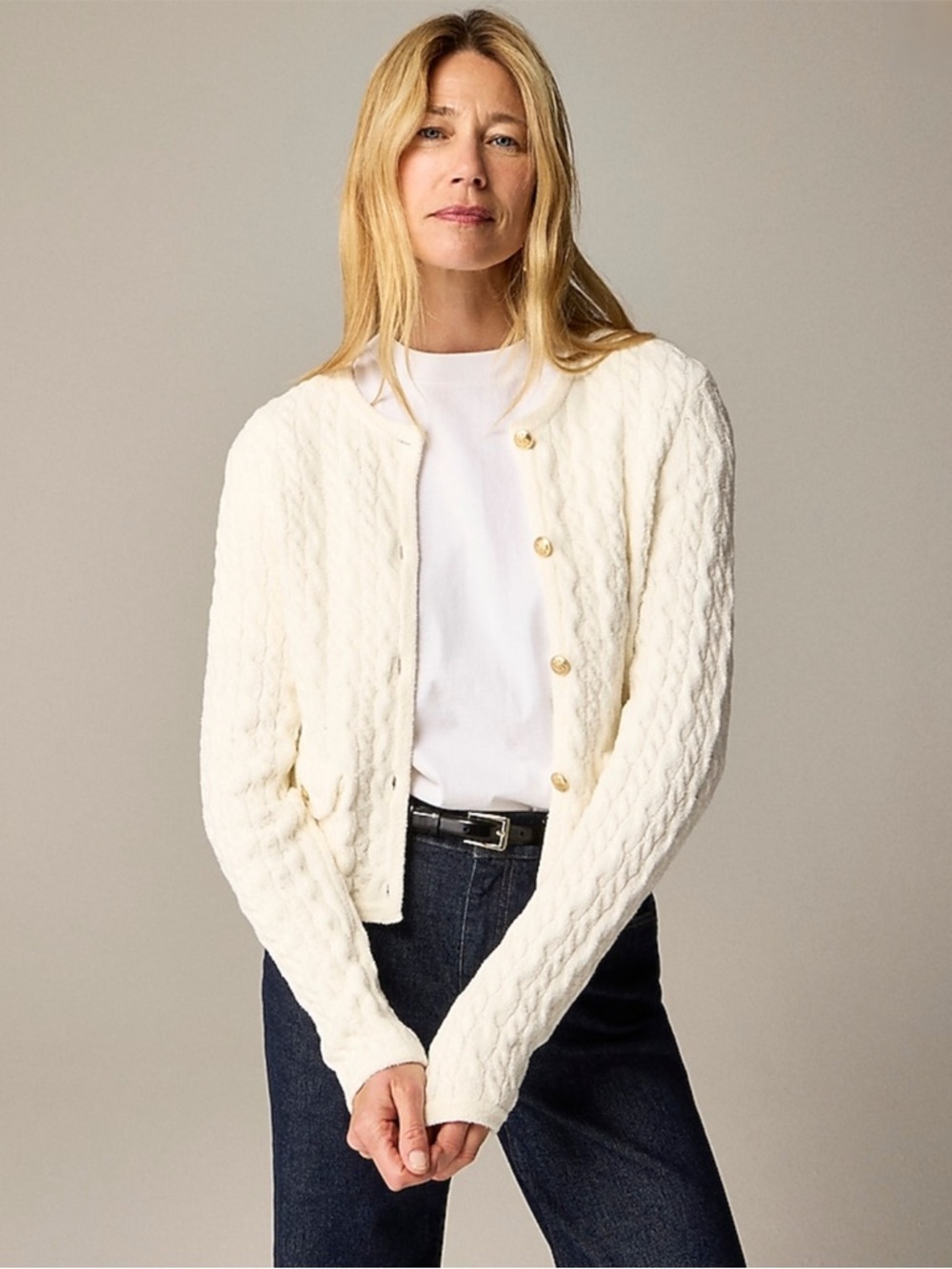 J. Crew - Odette Cable-knit Sweater Lady Jacket in Cotton-blend Bouclé - Ivory - Picture 1 of 13